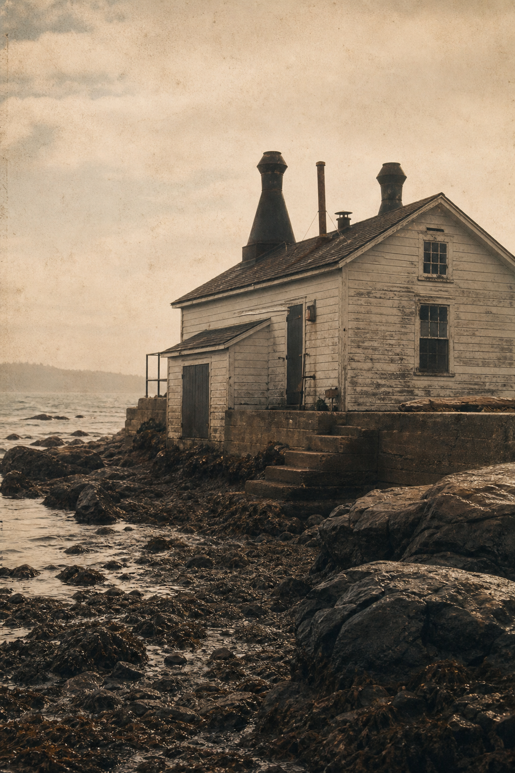 Low foghorn house with vent stacks near rough waterline