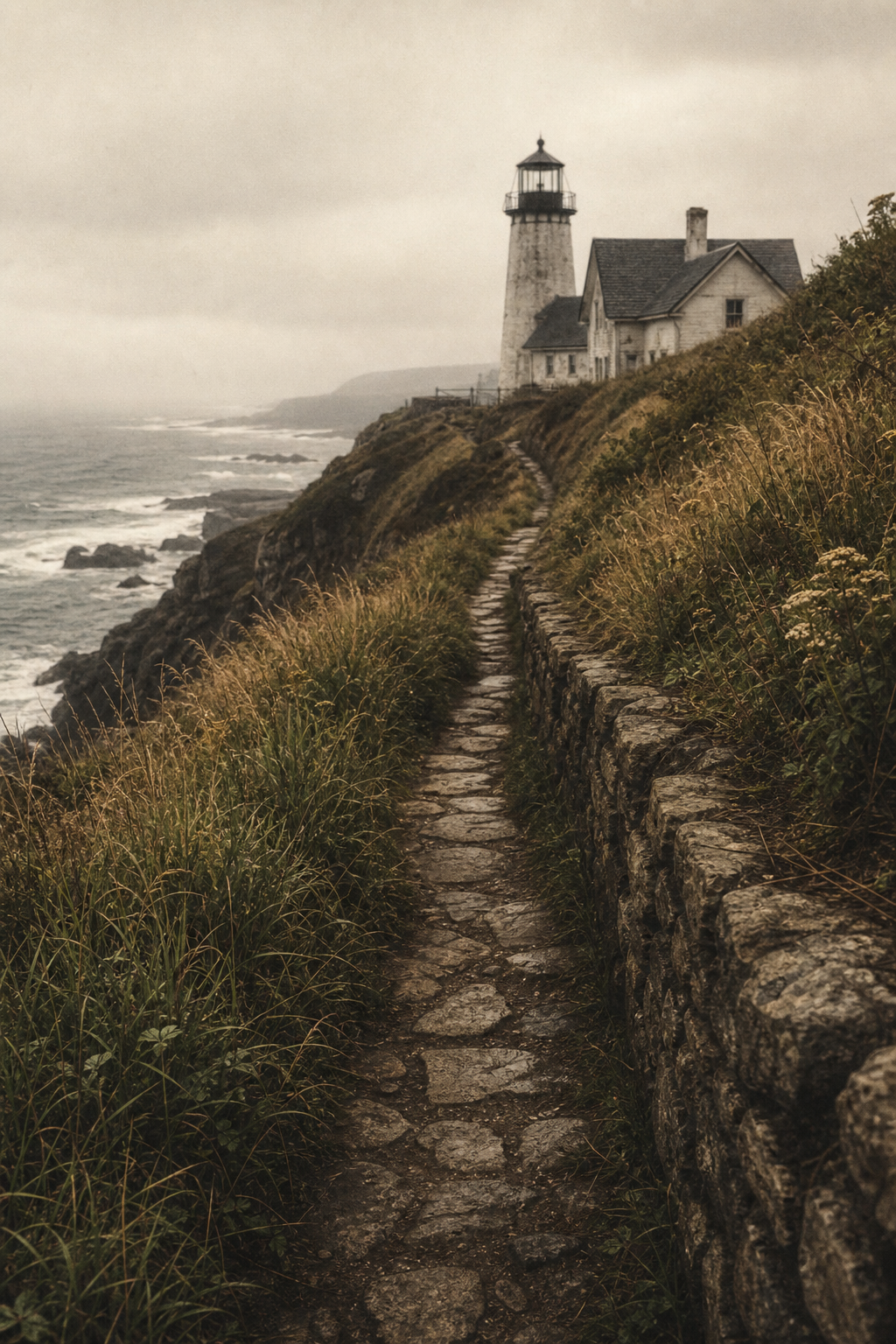 Narrow stone path used by keepers along grass-covered bluff