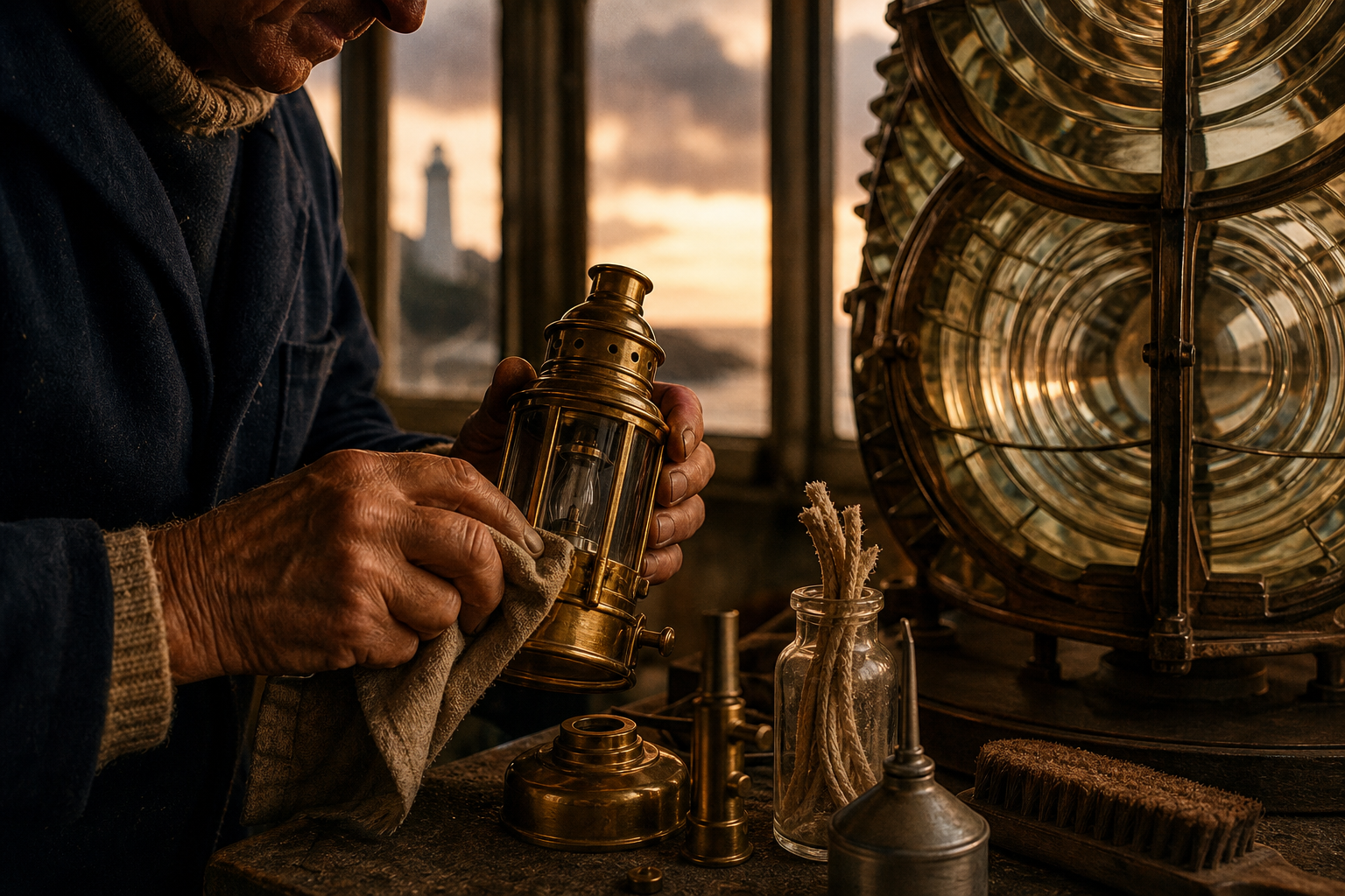 Keeper hands cleaning a brass lamp assembly beside a large lighthouse lens in warm early light