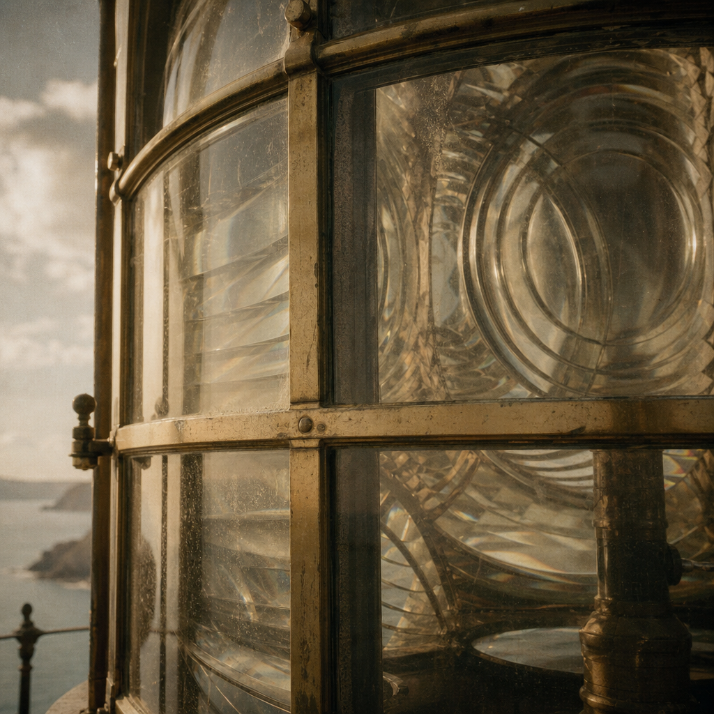 Close detail of lighthouse lantern glass with brass framing
