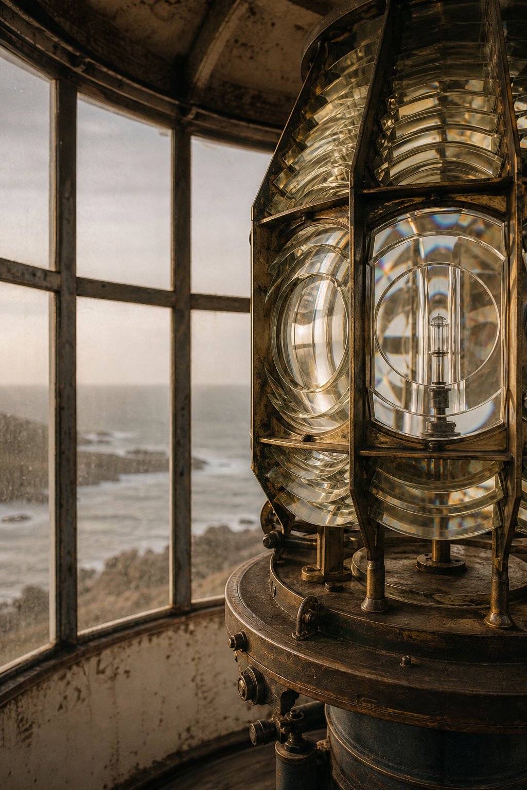 Archival close-up of a lighthouse lantern room with Fresnel lens glass and weathered brass framing