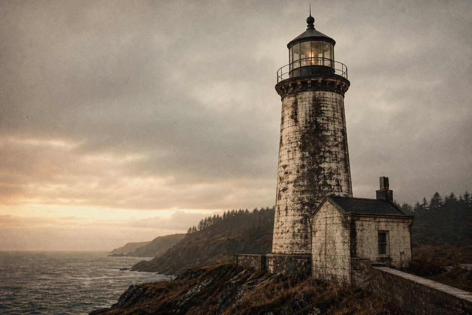 Weathered lighthouse tower standing against sea haze at dusk