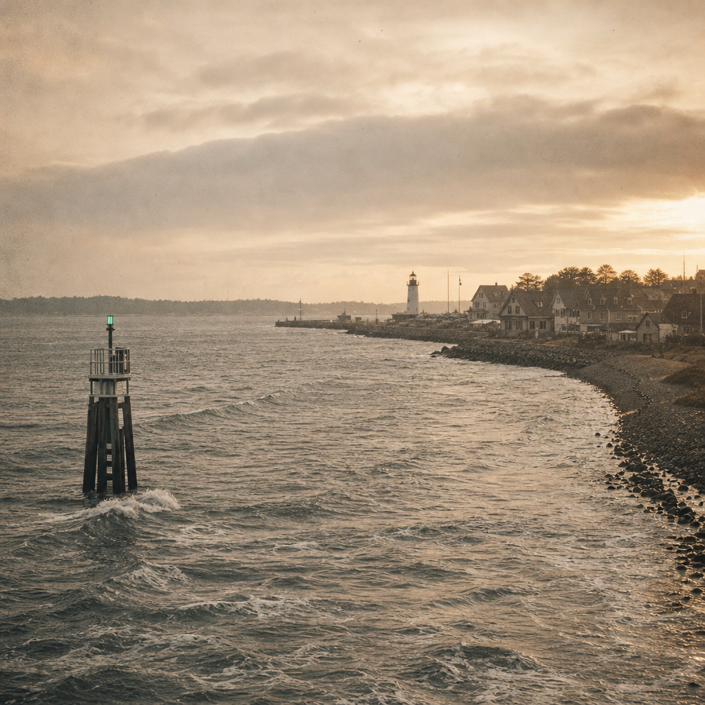 Shoreline approach channel with marker light and small waves