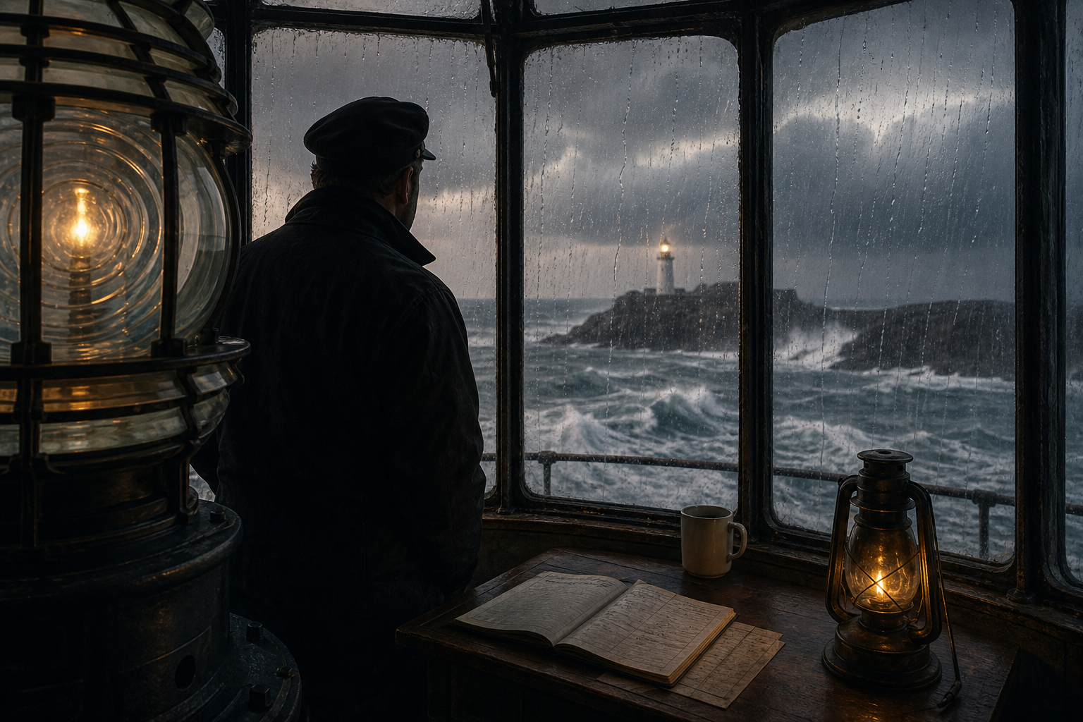 Interior lighthouse window during a storm with rain streaks and a keeper silhouette monitoring the sea