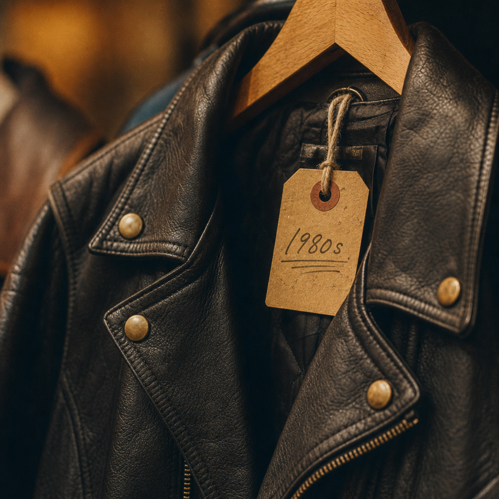 Close-up film photo of a 1980s leather jacket with brass buttons and handwritten vintage tag