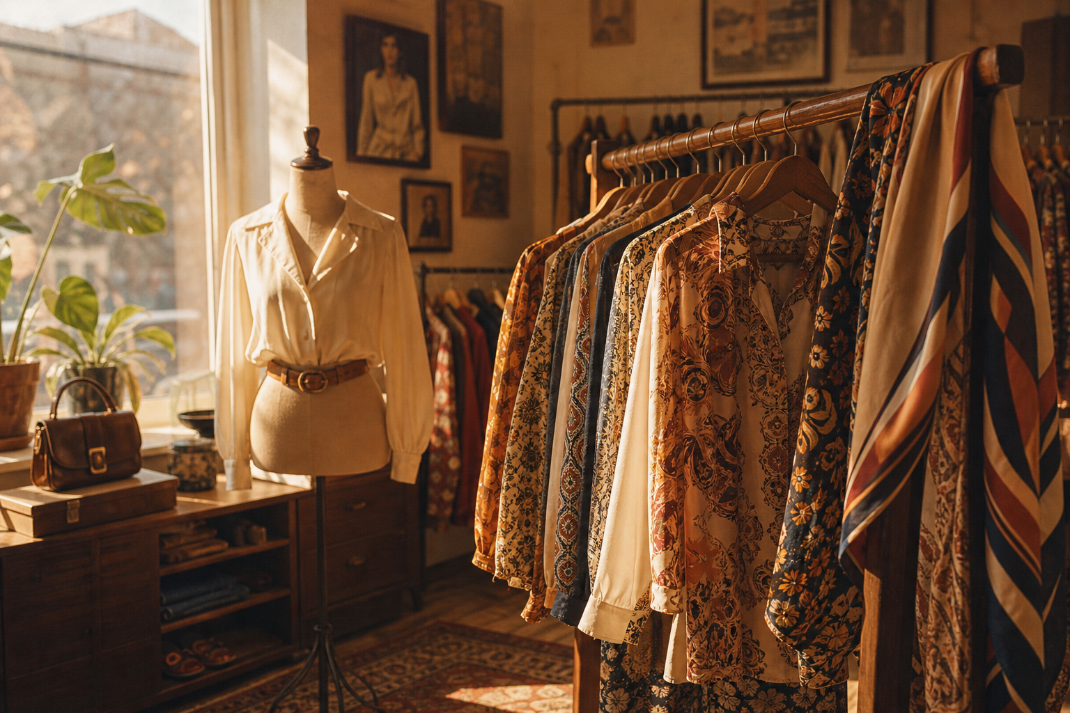 Warm film-style photo of a vintage clothing studio with wooden racks, silk scarves, and a 70s mannequin near a window
