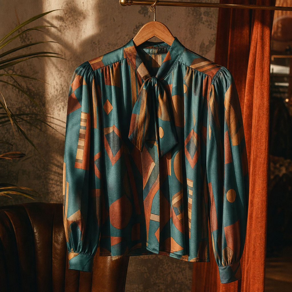 Silky 1980s graphic blouse in teal and rust geometric print with puffed shoulders, styled against a warm studio backdrop