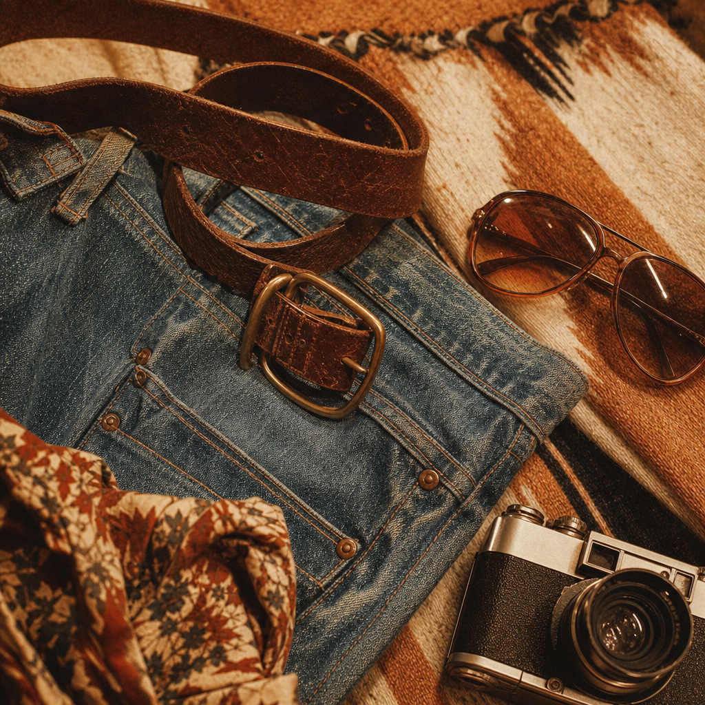 Close-up of vintage denim, leather belt, and retro accessories laid on textured fabric, warm nostalgic lighting