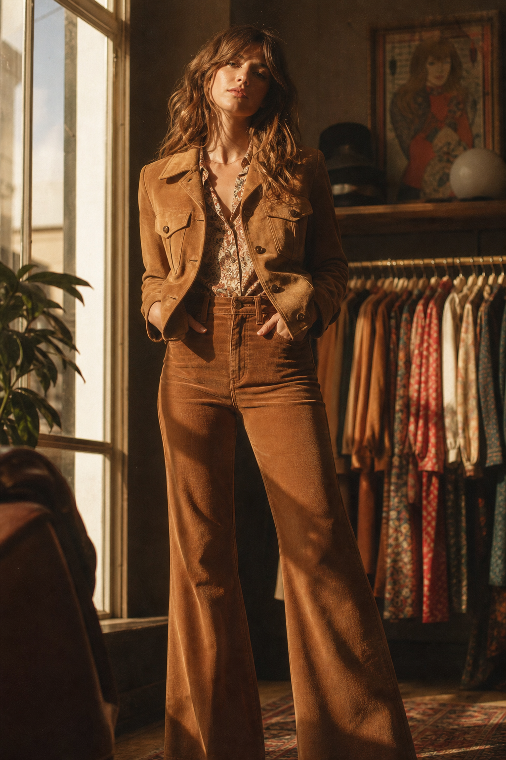 Editorial portrait of a model in a 70s suede jacket and flared trousers, warm film grain, golden light