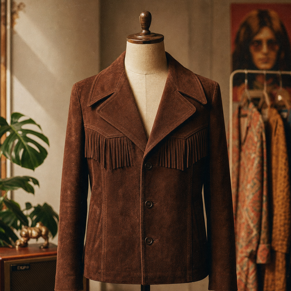 Chocolate brown 1970s suede jacket with a wide lapel and subtle fringe detailing, photographed on a vintage mannequin