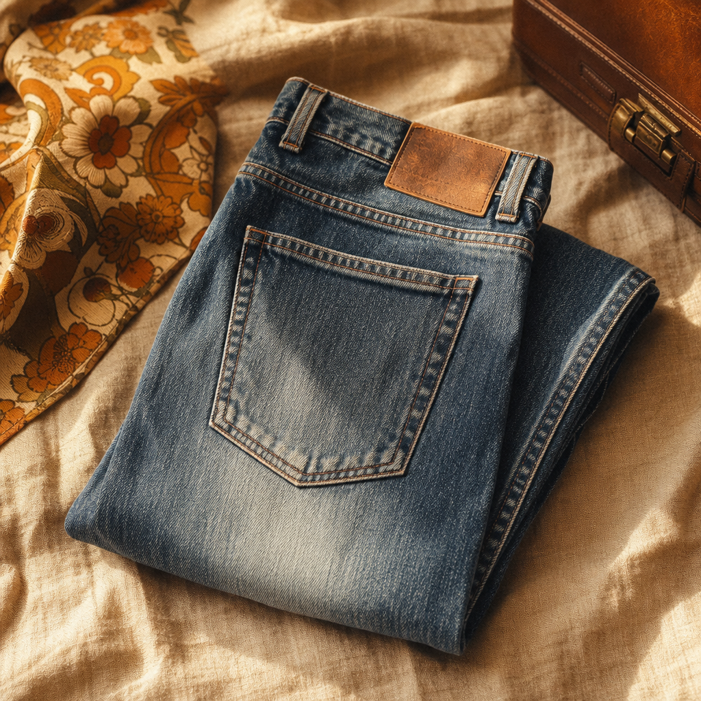 High-waisted vintage indigo denim jeans with a straight leg and worn-in fade, folded on a textured linen surface