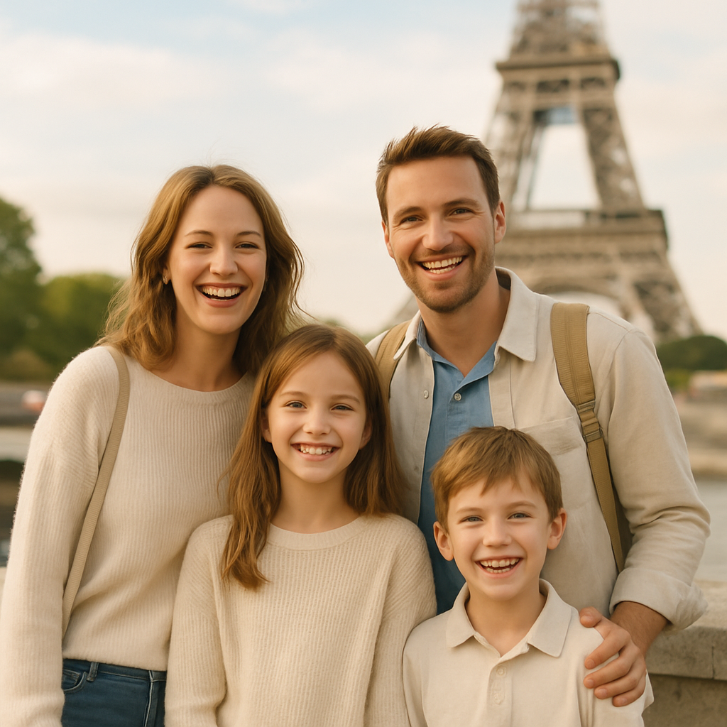 Smiling family travelers in Paris