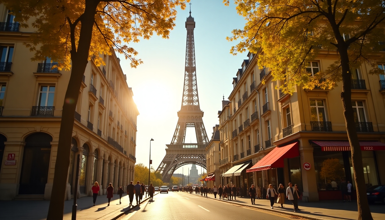 Sunlit view of the Eiffel Tower from a Parisian street