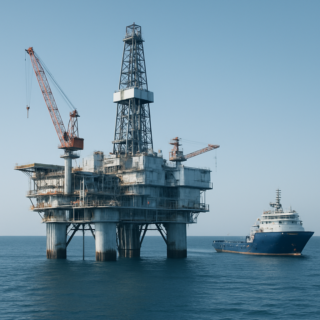 Oil platform with support vessel nearby, clear weather, modern and solution-oriented atmosphere, steel blue and white tones, professional photo