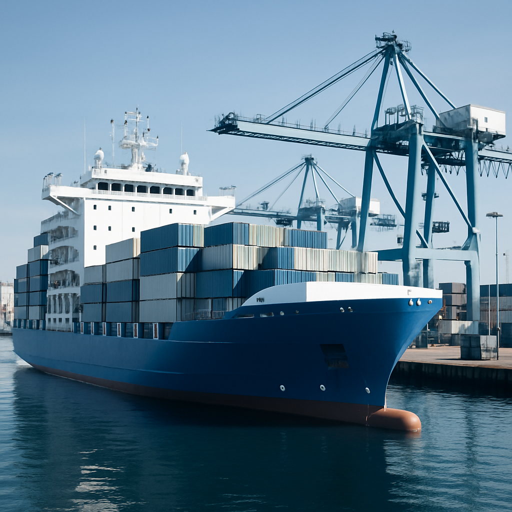 Modern cargo vessel at a busy US port, crisp daylight, blue and white color palette, trustworthy and professional mood, clean business-focused photo