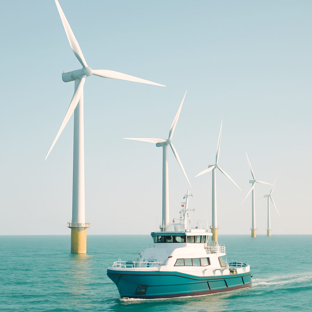 Offshore wind turbines with service vessel, bright and clean look, cool blue and green palette, modern energy sector visual