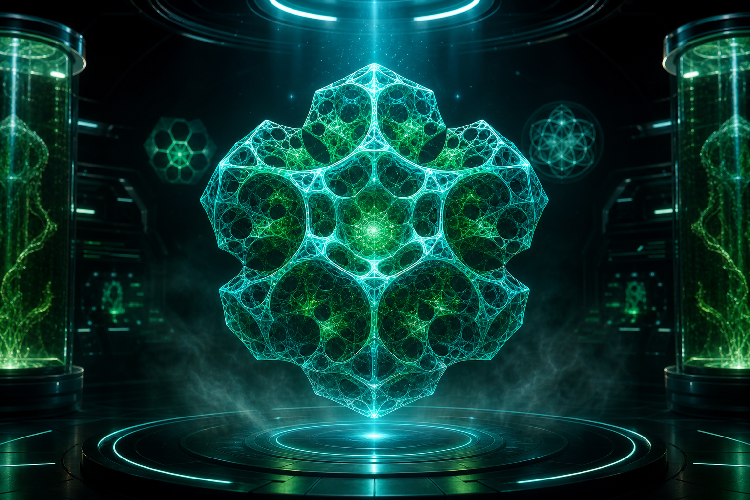 Glowing teal and green fractal lattice forming a biomimetic core structure in a dark futuristic lab atmosphere