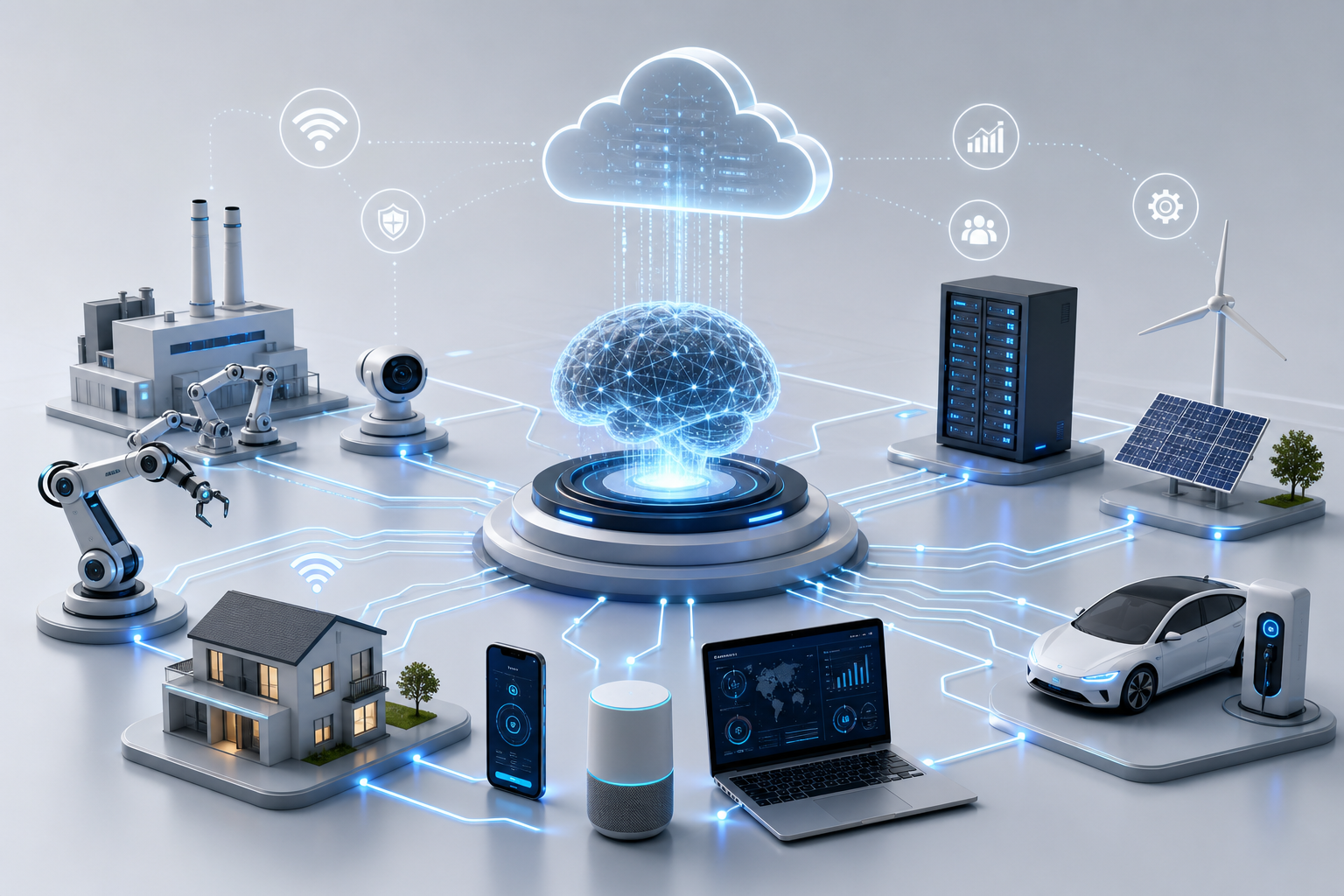 Futuristic AI and IoT network visualization with connected devices, cloud nodes, and data streams