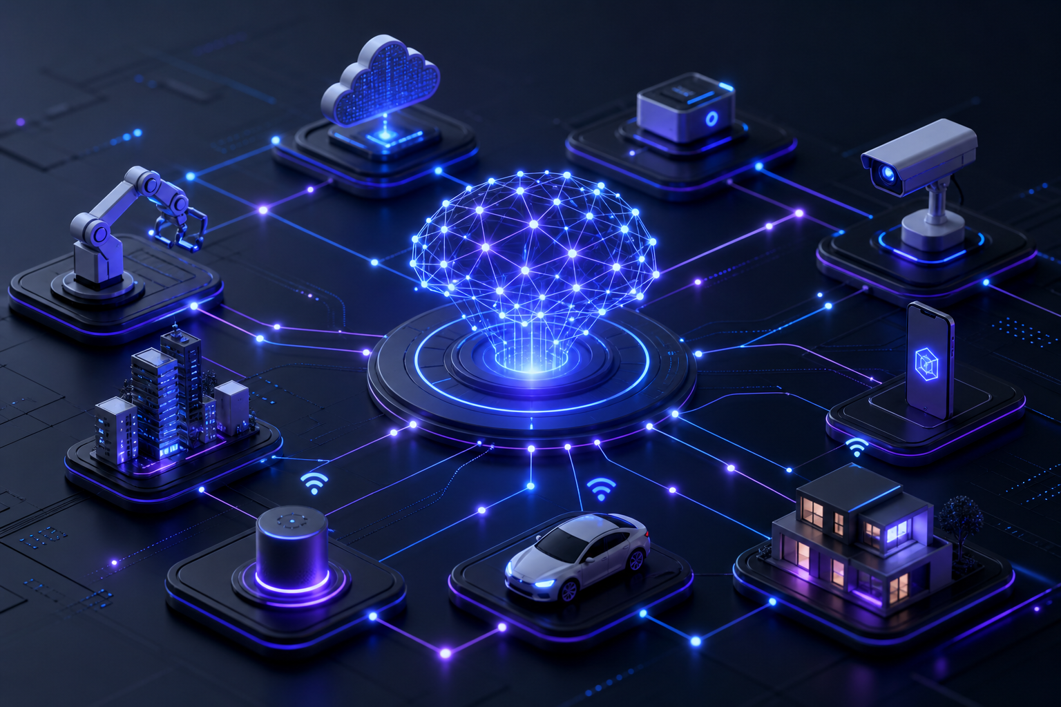 Abstract 3D network of connected devices and AI nodes glowing in blue and violet tones