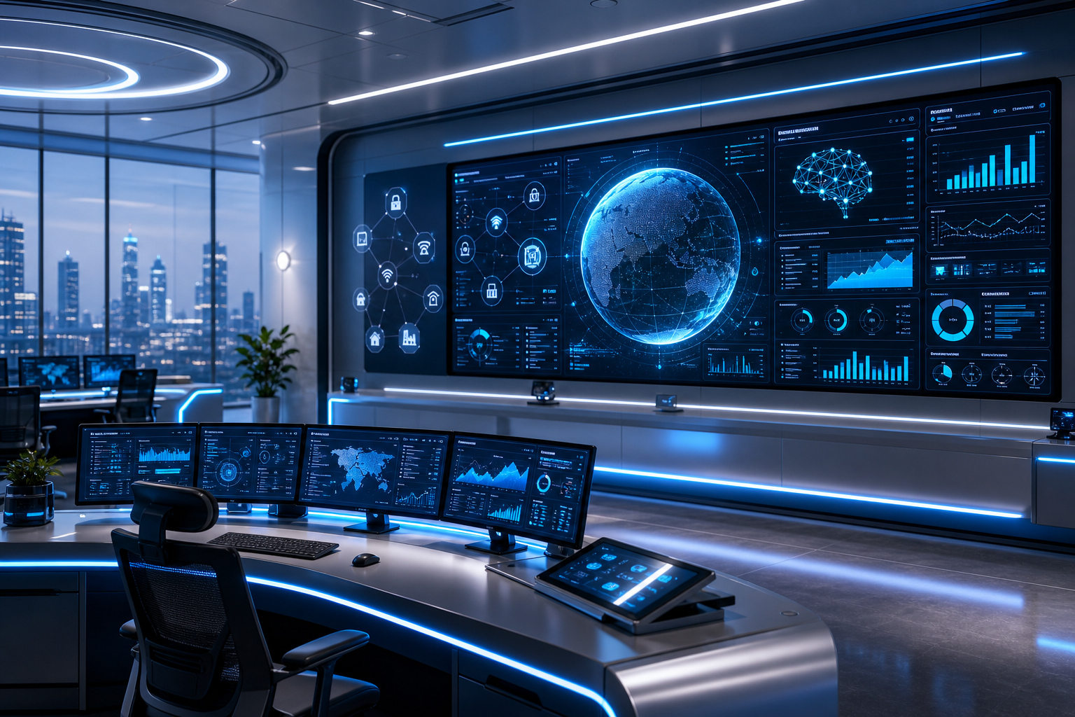 Futuristic control room with IoT dashboards and AI analytics displays