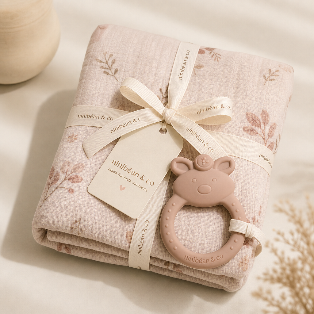 Soft swaddle and teether gift bundle in muted blush and sand tones, tied with a ribbon