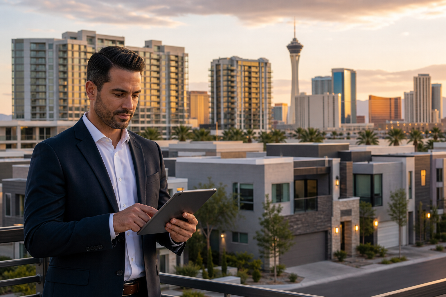 Modern Las Vegas residential skyline with upscale homes and a confident property manager reviewing plans