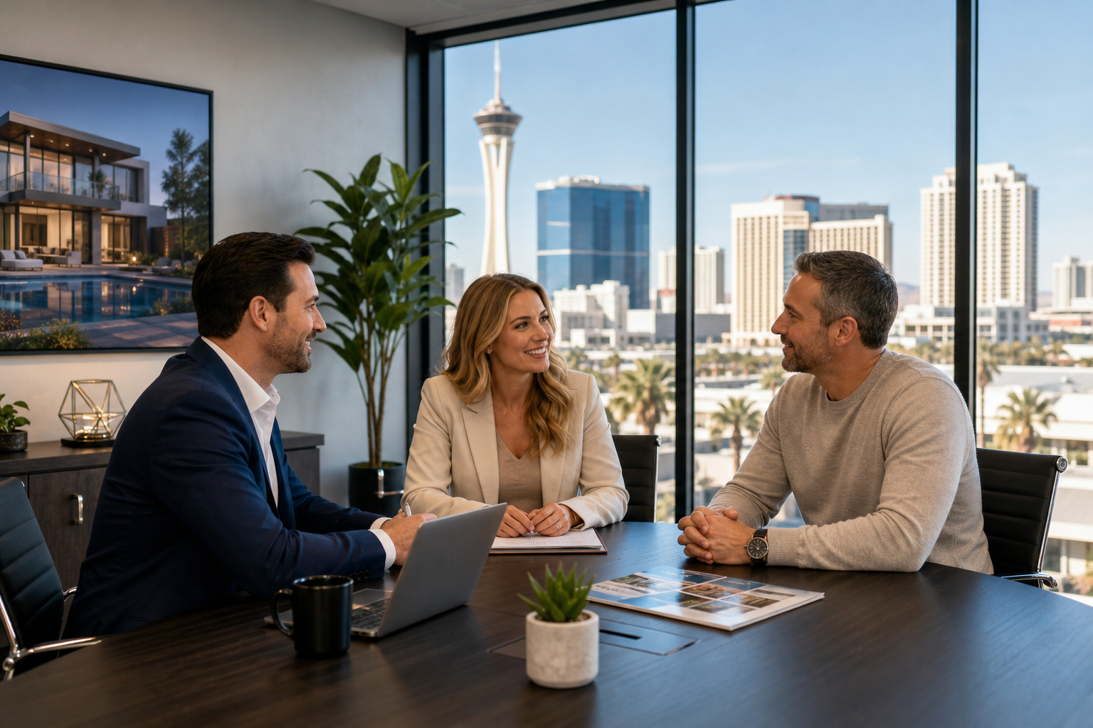 BMV Management advisors meeting with a property owner in a modern Las Vegas office