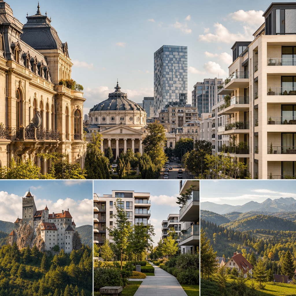 Editorial photograph of modern residential architecture in a Romanian city, showing refined building facade details and warm daylight