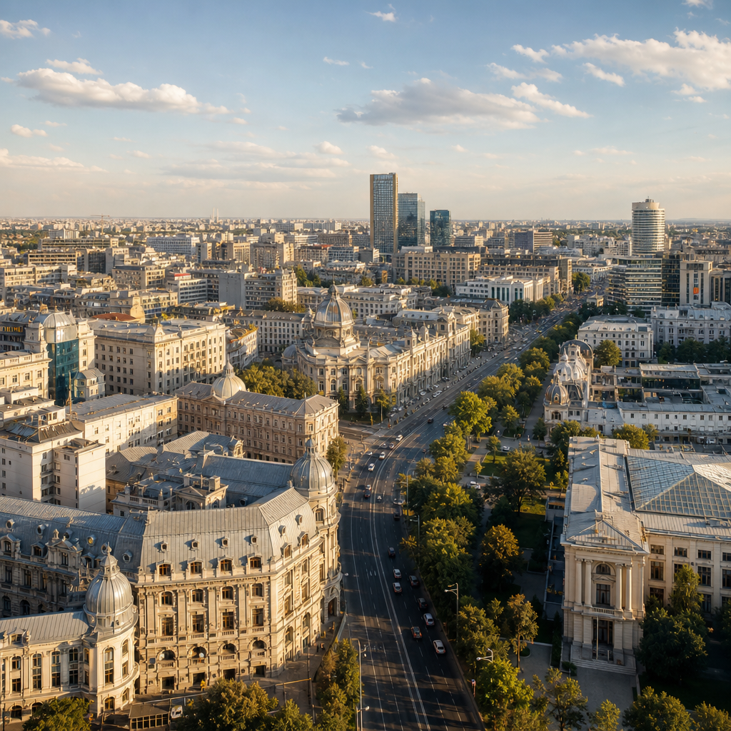 Premium editorial real-estate view in Romania featuring Bucharest skyline depth, refined landmark architecture with subtle heritage castle-inspired silhouettes, and natural green terrain accents under balanced daylight
