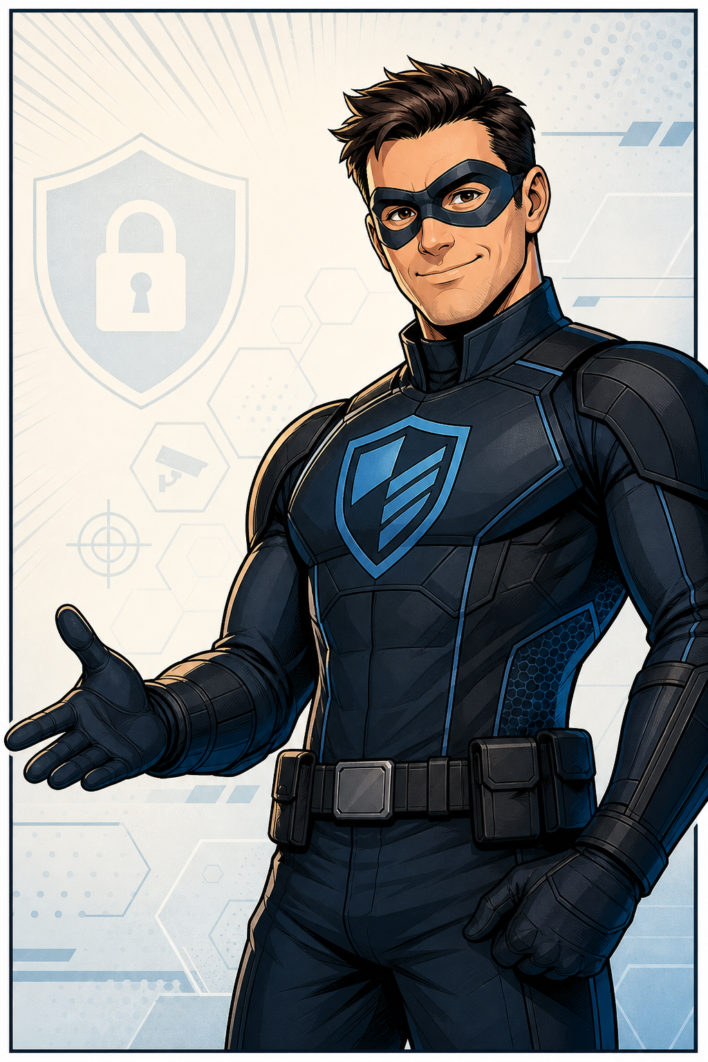Masked superhero version of Security Guy Mick standing in a confident welcoming pose inside a comic-style tactical illustration panel