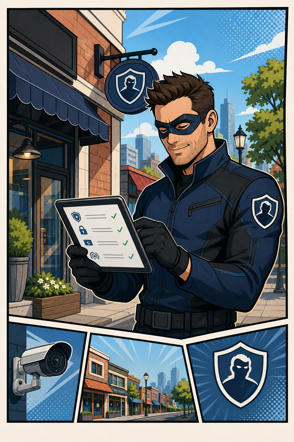 Security Guy Mick in a bright comic-style city panel, masked and approachable, reviewing a tablet security checklist near a small business storefront