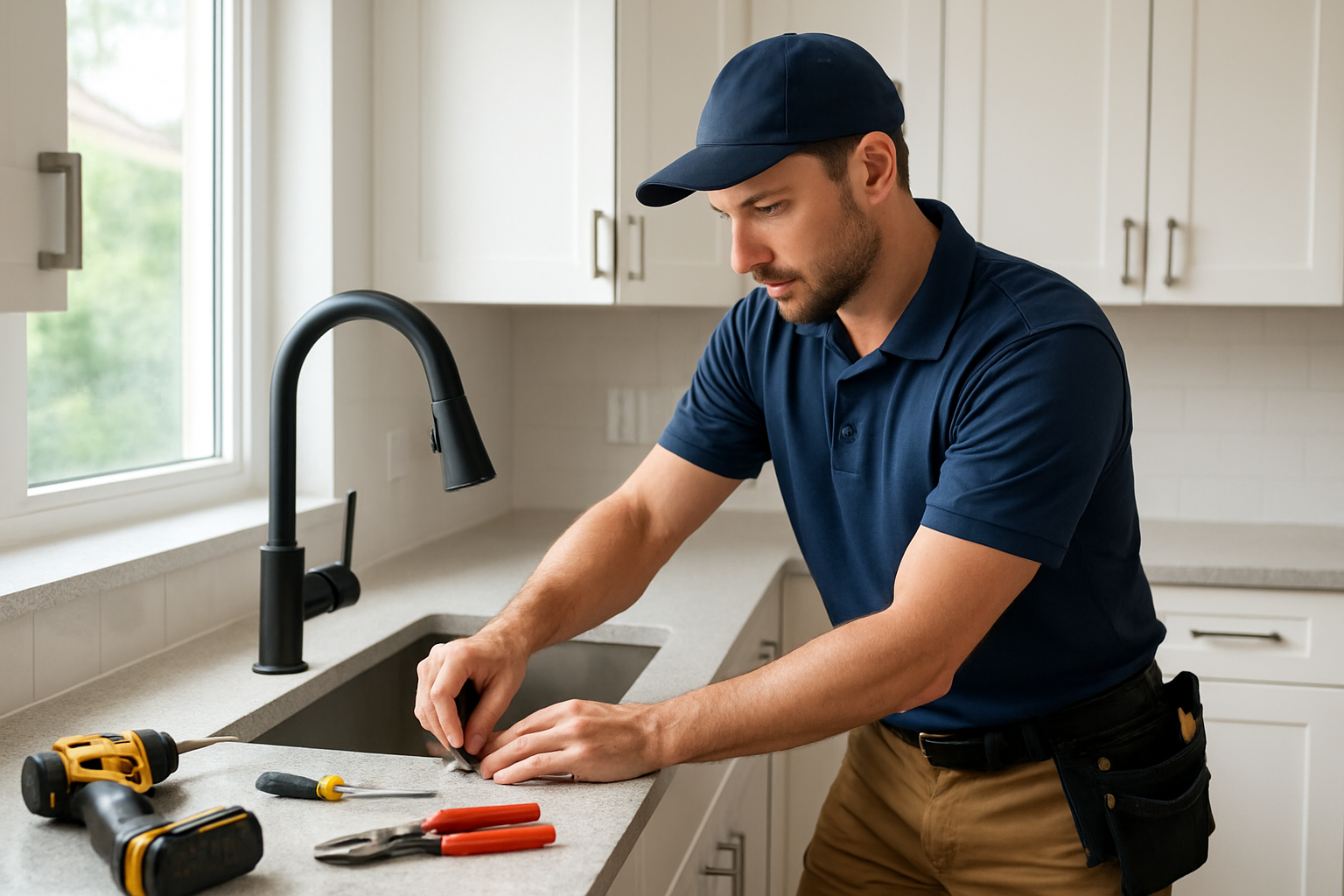 Skilled home service professional installing fixtures in a bright, clean residential kitchen