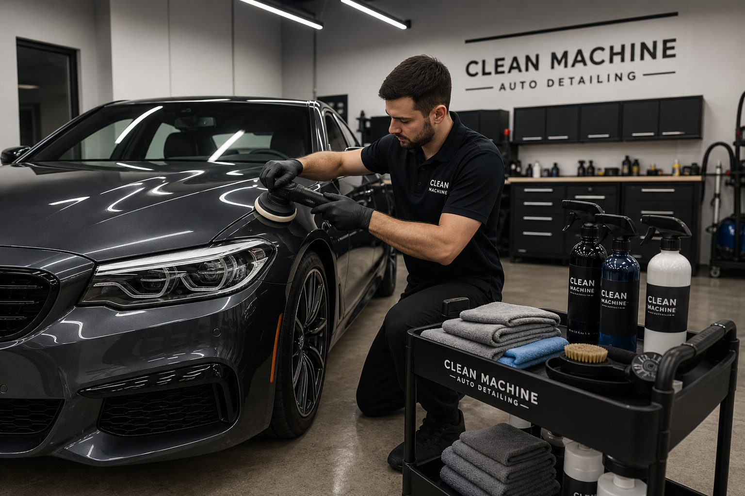 Modern auto detailing bay with a dark gray sedan being hand-polished, soft overhead lighting, clean tools and microfiber towels arranged neatly