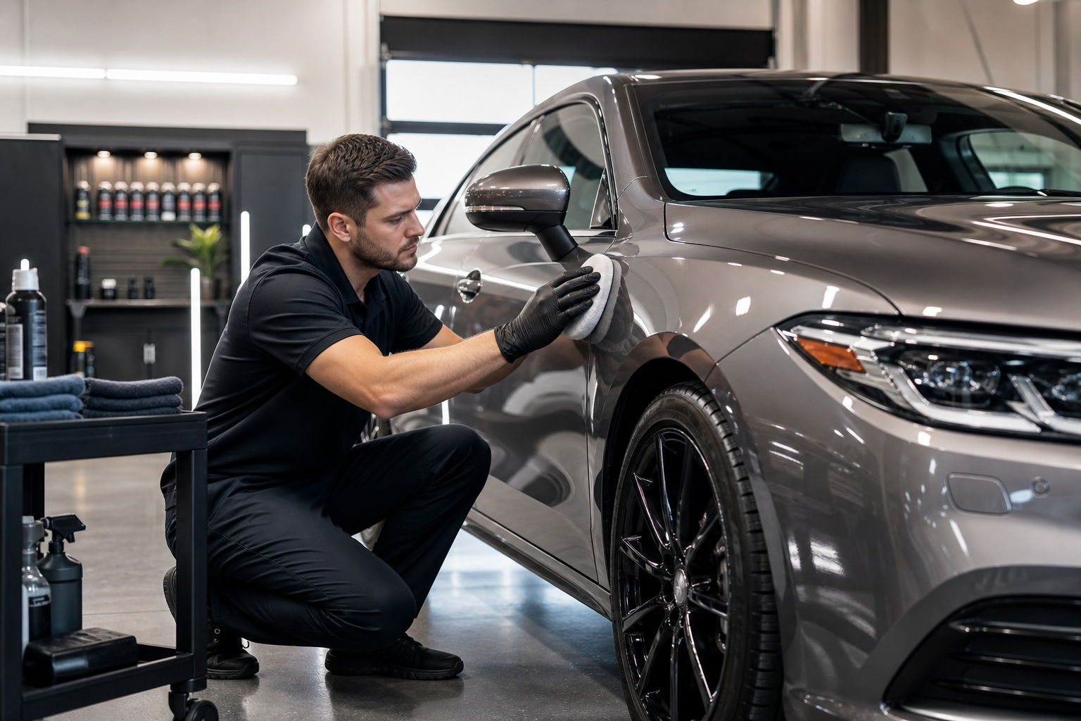 Professional detailer polishing a metallic gray sedan in a clean, well-lit garage