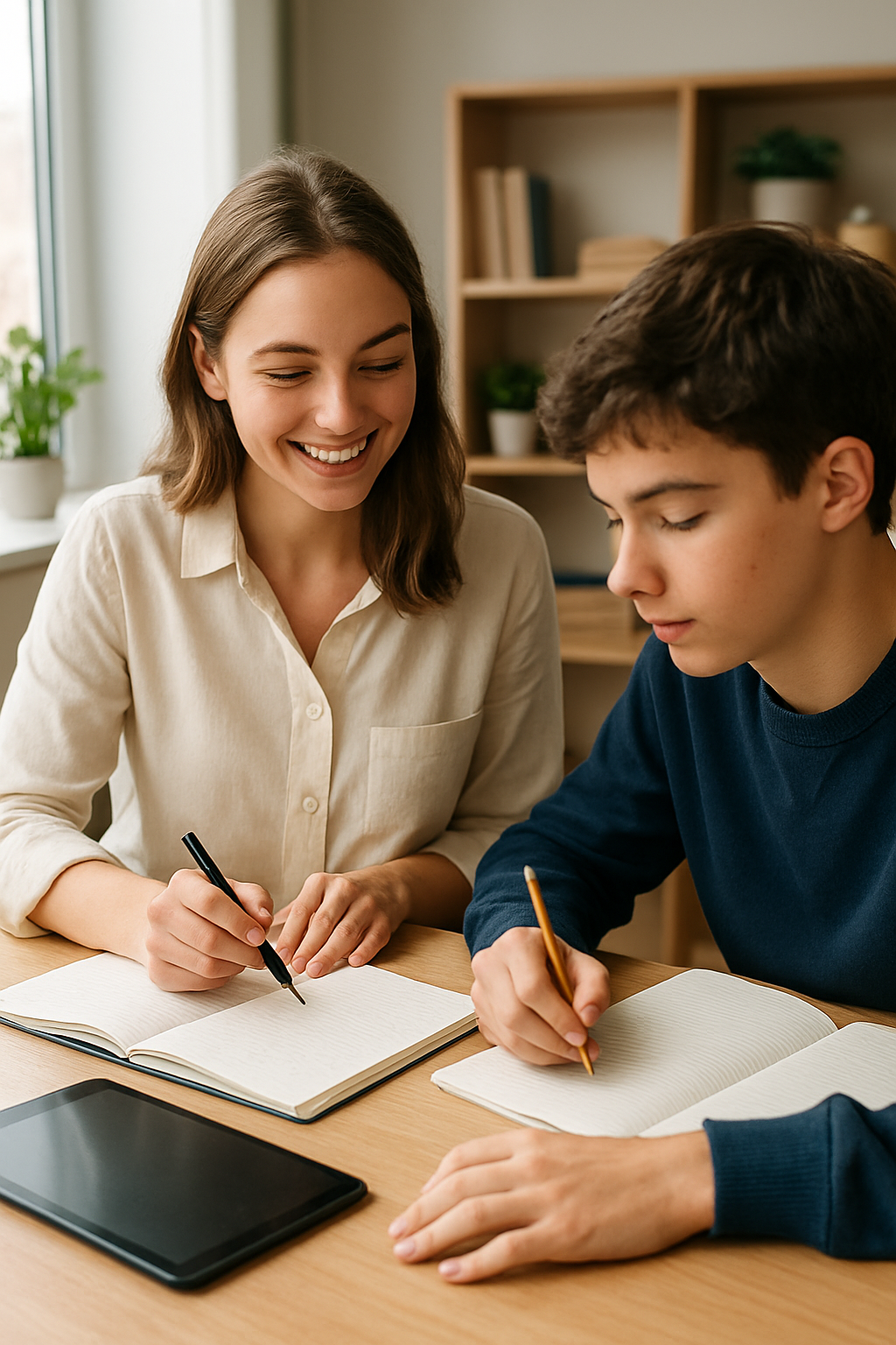 A friendly tutor guiding a secondary school student through notes at a bright study table