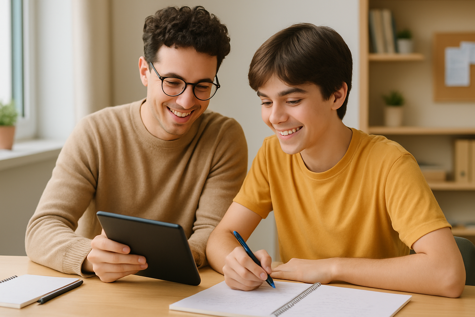 High school student and friendly tutor working together at a bright desk with notebooks and a tablet