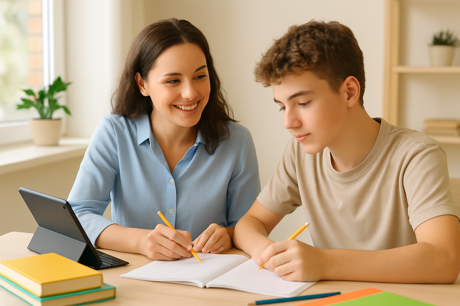 Friendly tutor guiding a secondary school student through a one-on-one learning session with notebooks and a tablet