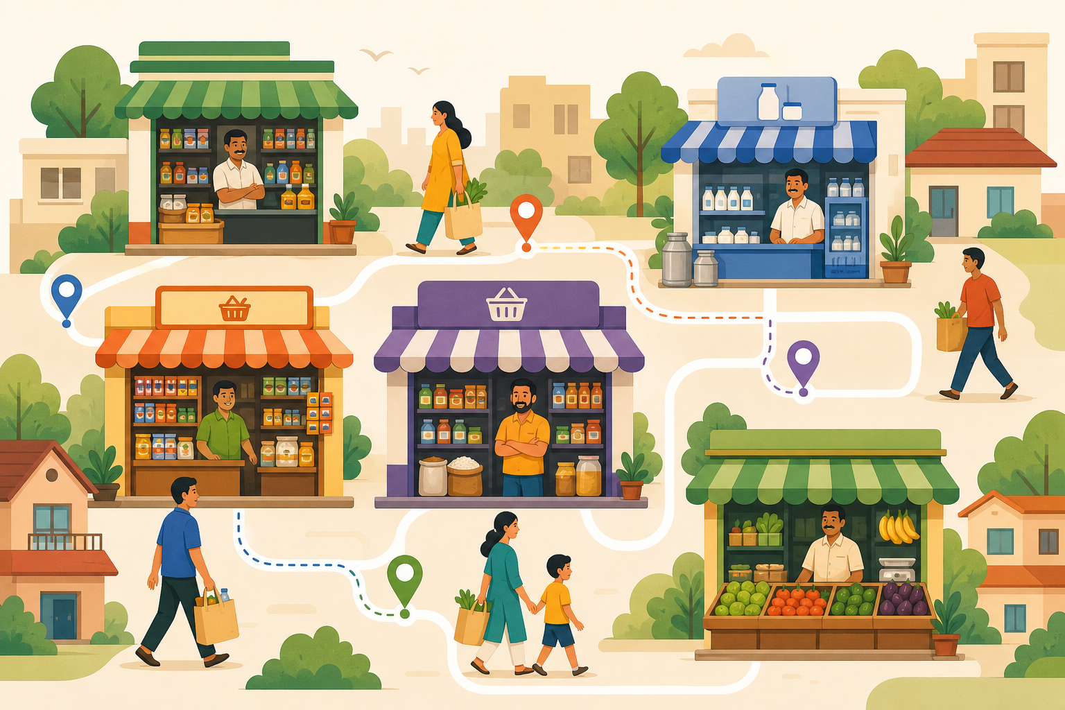 Flat modern illustration of connected neighborhood streets with friendly shop owners and residents linked by route lines