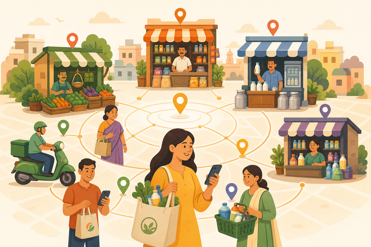 Warm neighborhood cluster of local Indian shopfronts, small people icons, shopping bags, location pins, and connecting rings showing trusted nearby discovery