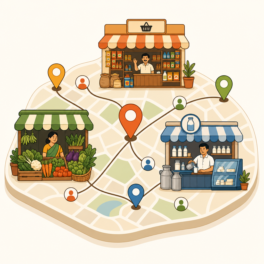 Compact neighborhood connection illustration with map points and linked small shopfronts in a friendly flat line-and-fill style