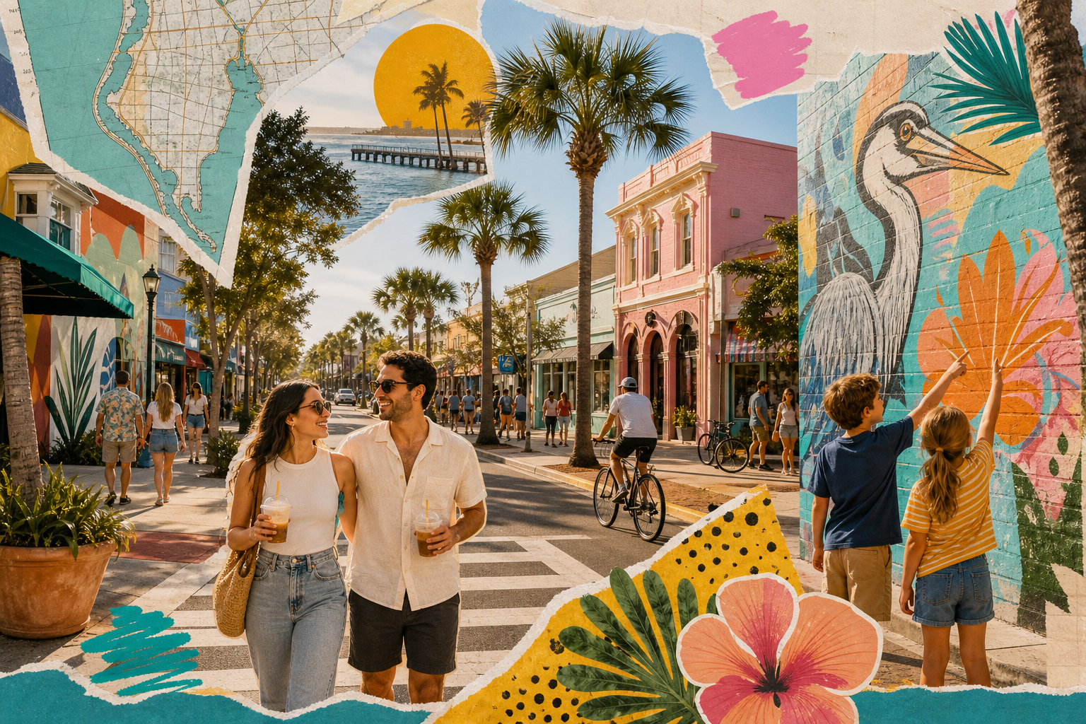 Collage-style Pinellas streetscape with pedestrians, palm-lined sidewalks, bikes, café fronts, and playful map notes in warm sunshine