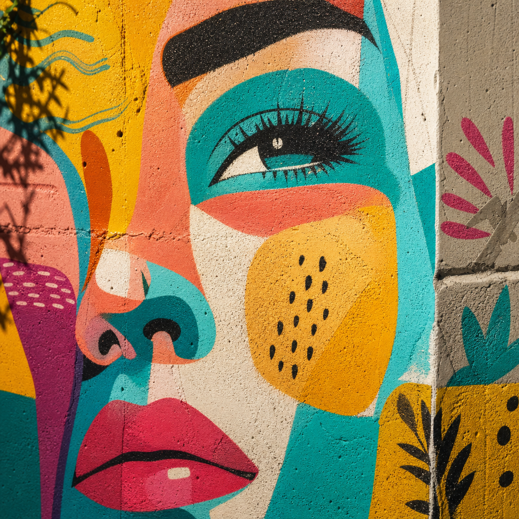 Close-up mural detail featuring bold tropical colors, abstract faces, and painted textures on a city wall