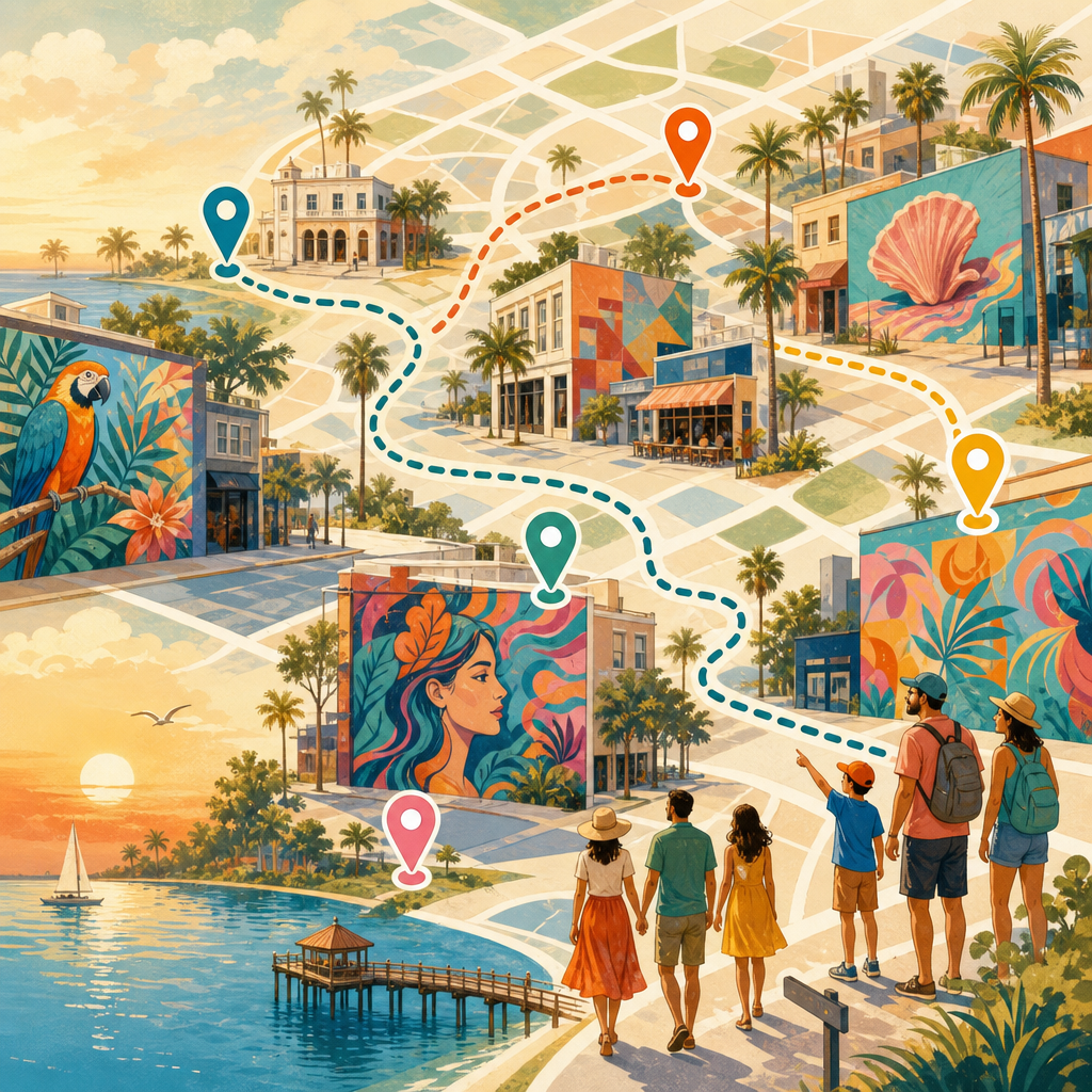 Artsy Pinellas County streetscape illustration with mural corridors, waterfront paths, and playful route markers
