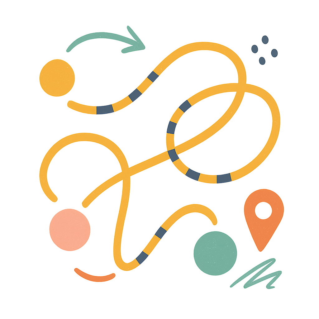 Transparent abstract route overlay with hand-drawn map lines, curved arrows, dots, and marker-like strokes
