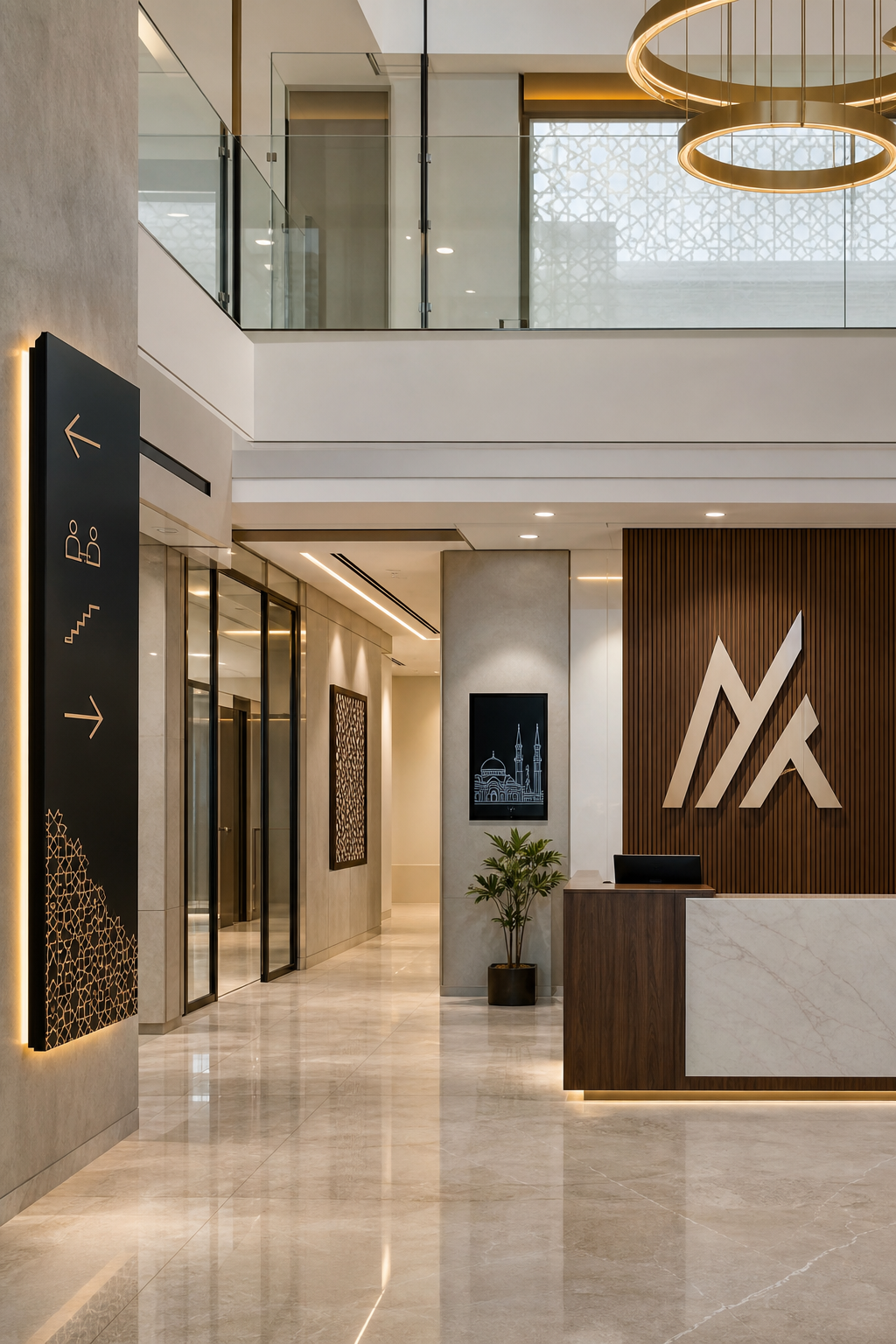 Refined branded interior signage and fit-out installation in a modern commercial lobby