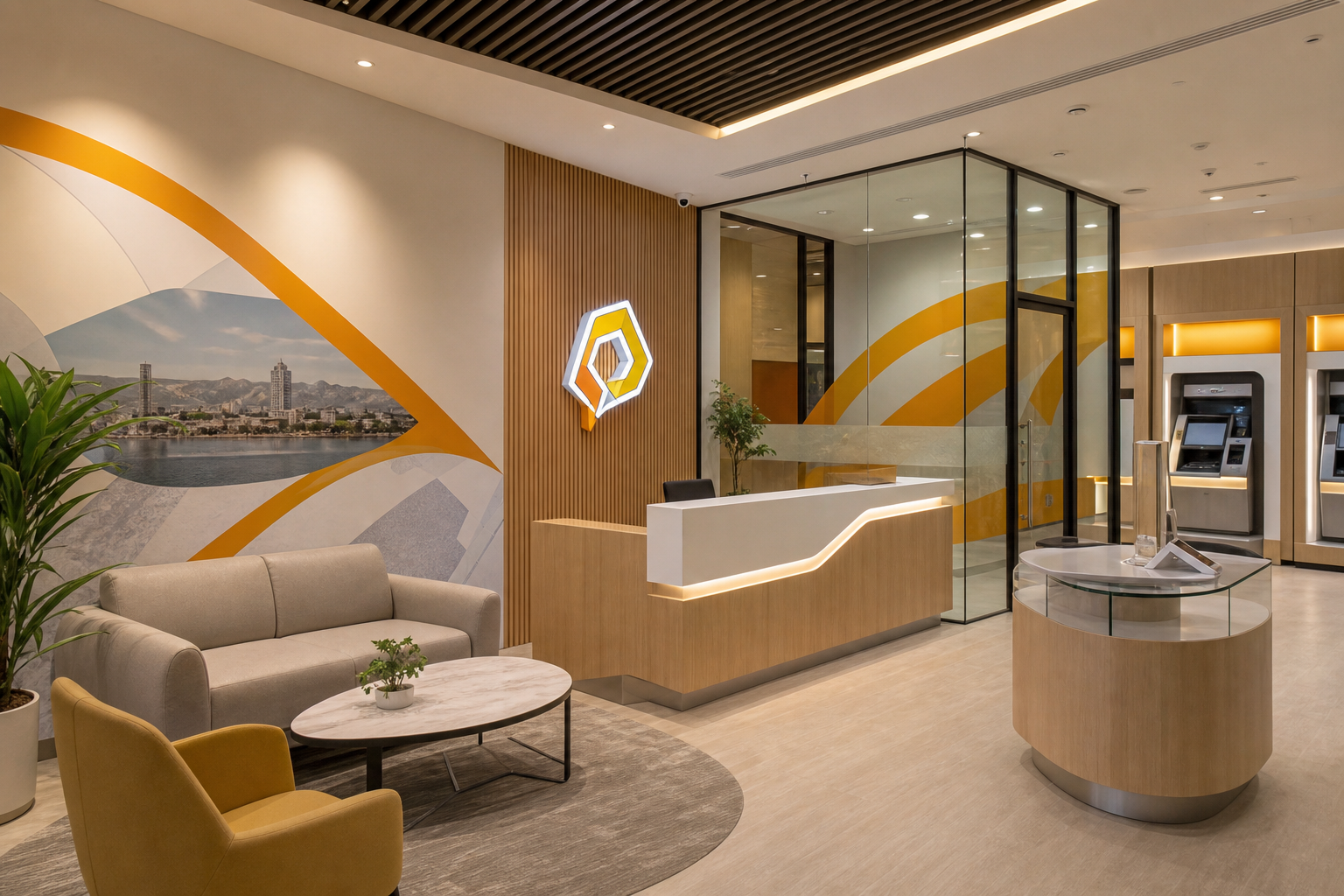 Completed branded commercial interior blending signage, print graphics, and fit-out elements