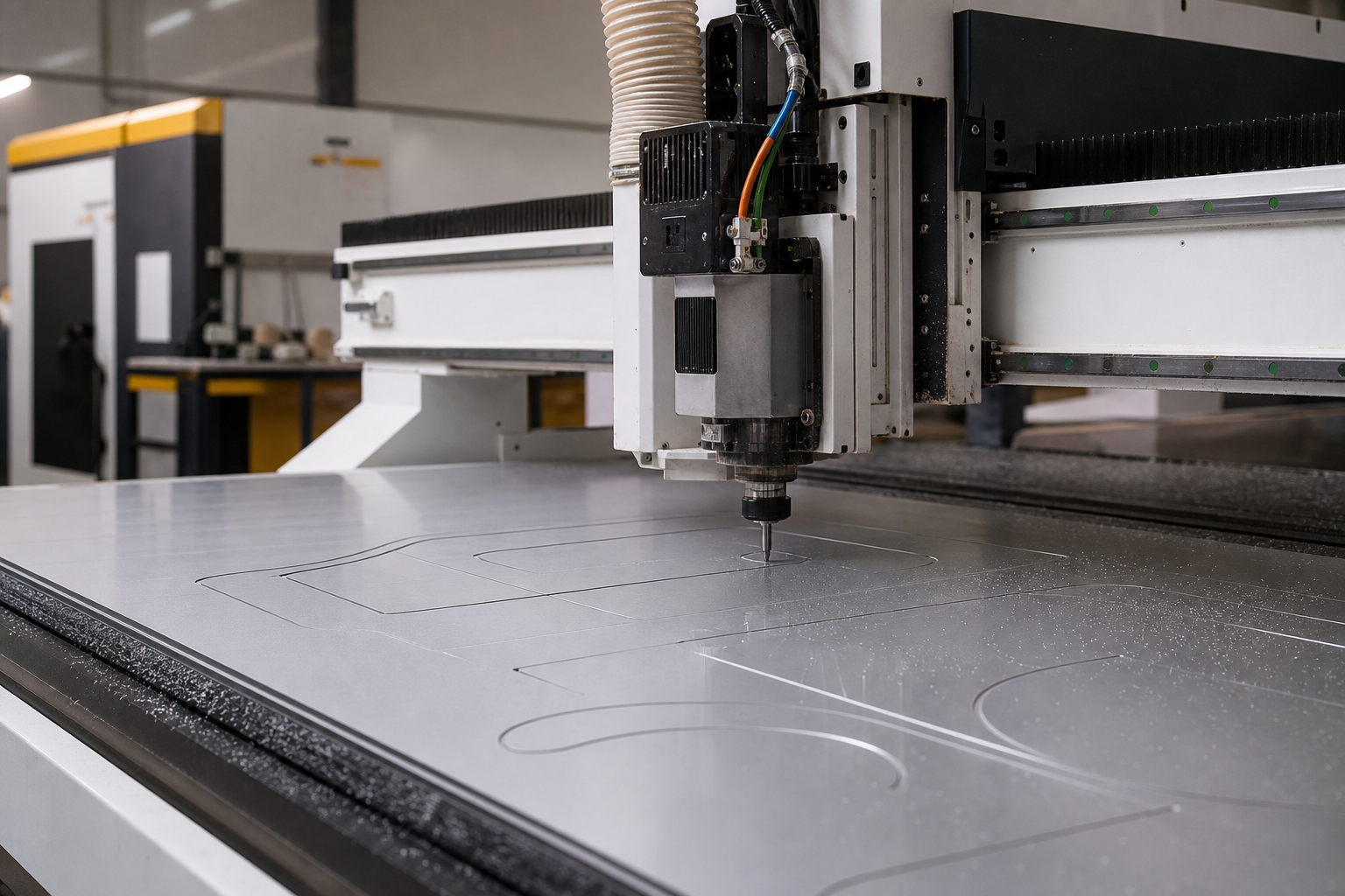 CNC routing machine cutting composite panel material during production
