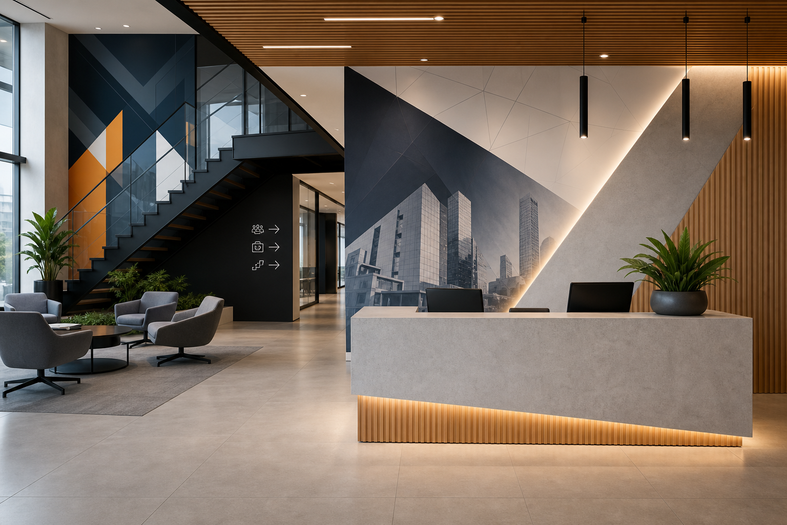 Corporate office branding with wall graphics and reception identity