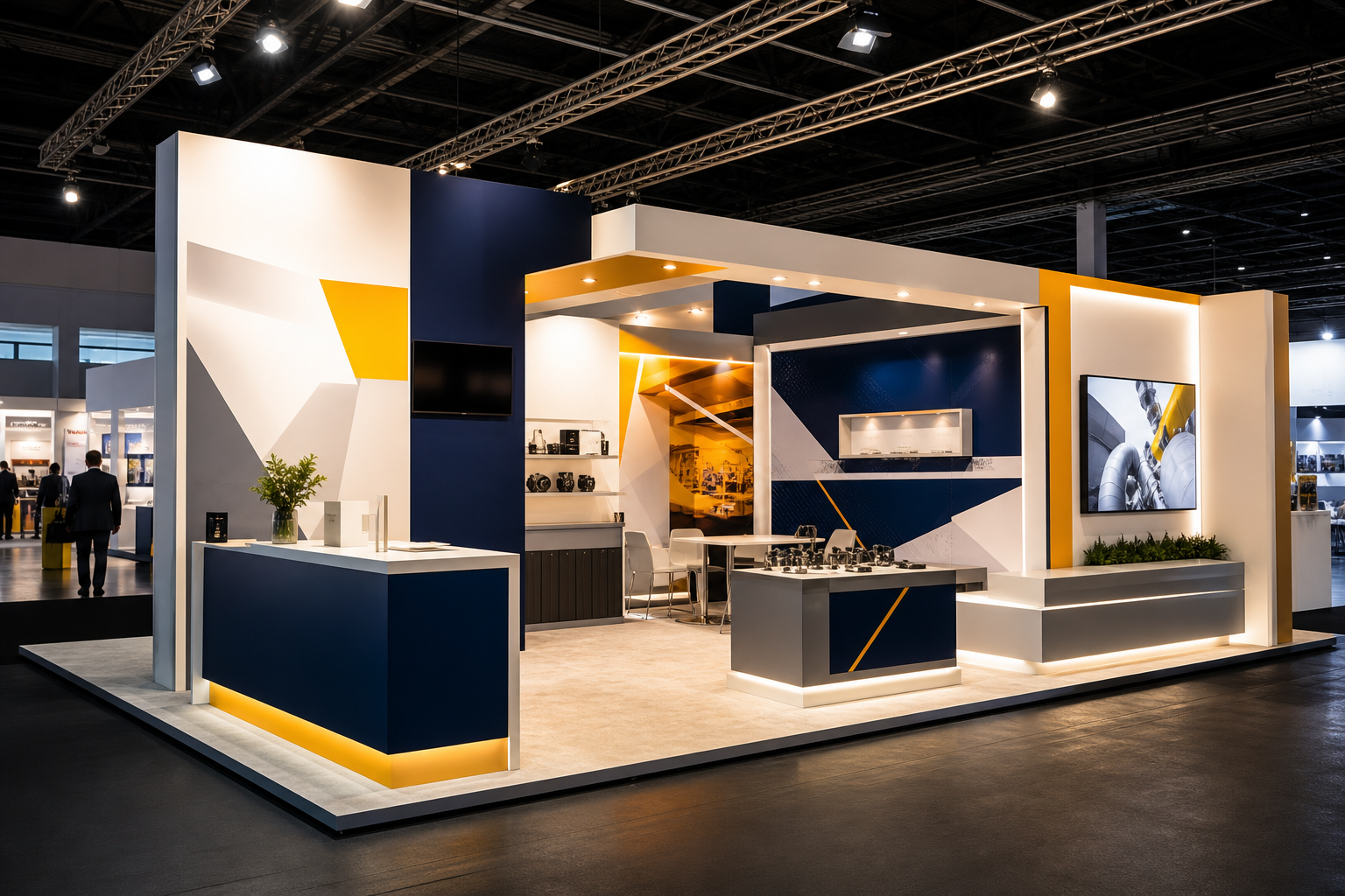 Exhibition display stand with branded panels and lighting