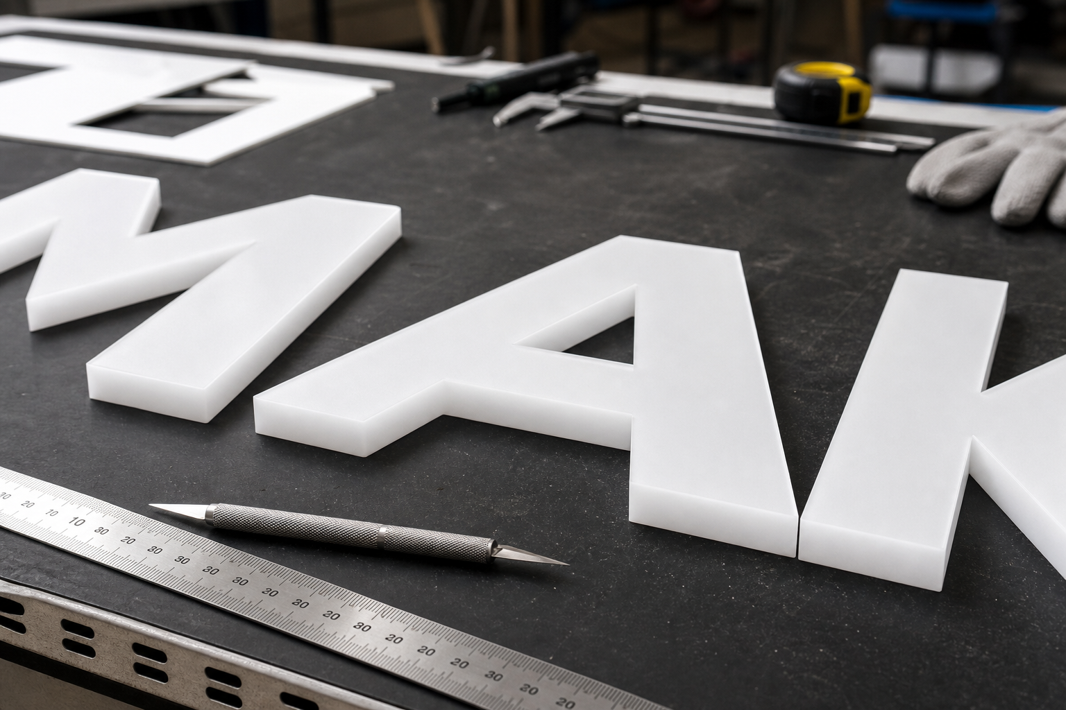 Close-up fabrication detail of precision-cut acrylic letters on a workshop table